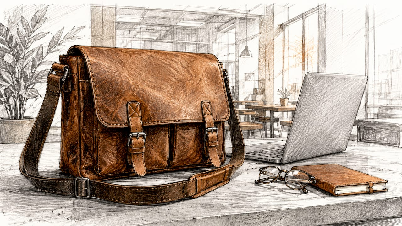 Aged cognac leather messenger bag on hotel room desk