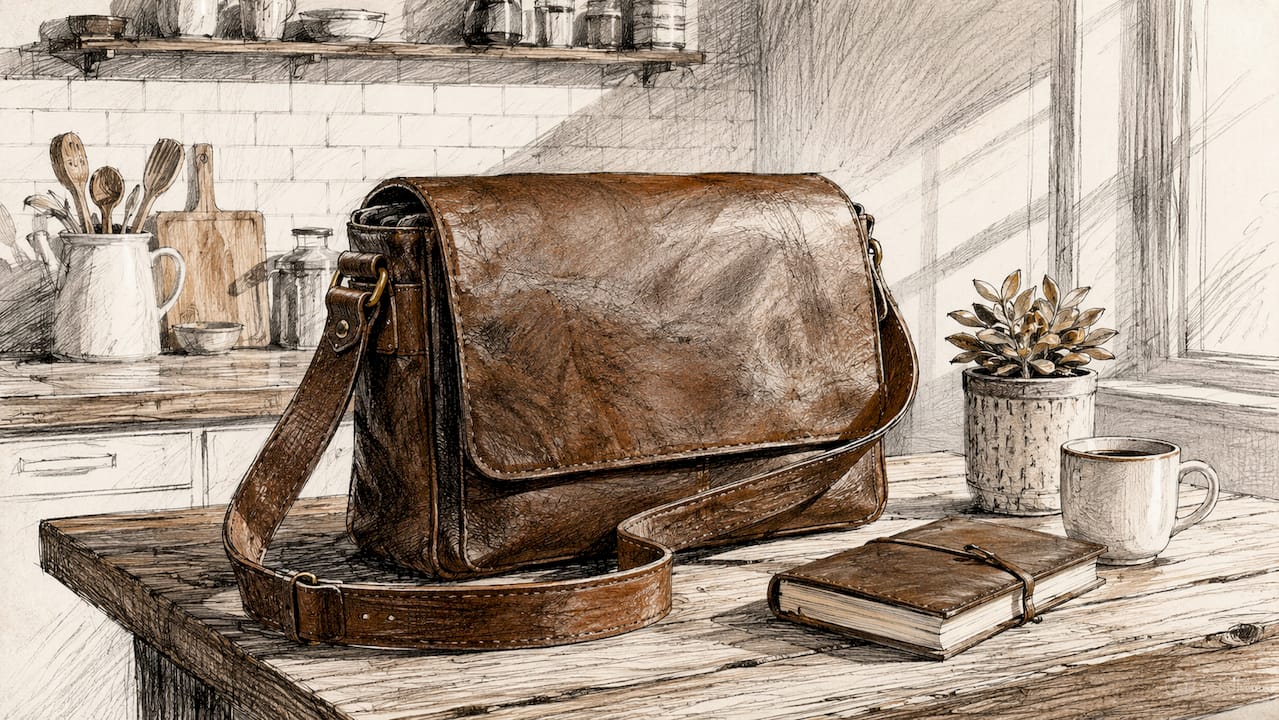 Black leather messenger bag with adjustable strap on café table