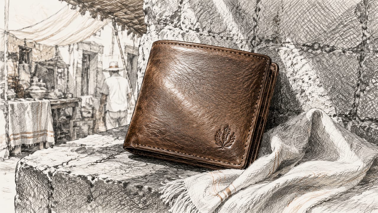 Aged leather wallet with raised embossing on café table