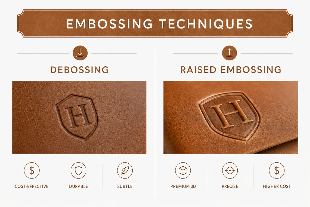Infographic comparing debossing and raised embossing methods
