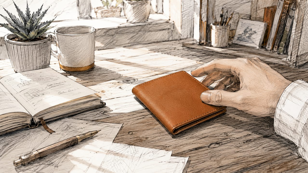Top-grain leather wallet on café table with hands