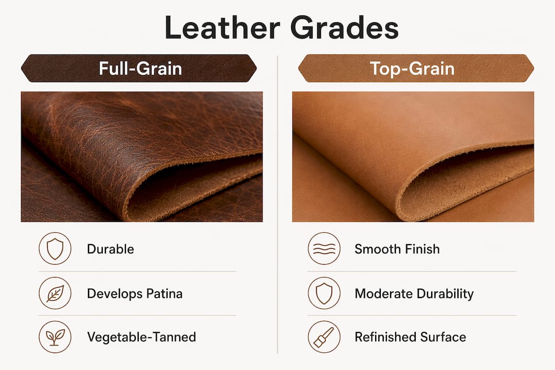 Infographic comparing full-grain and top-grain leather for wallets