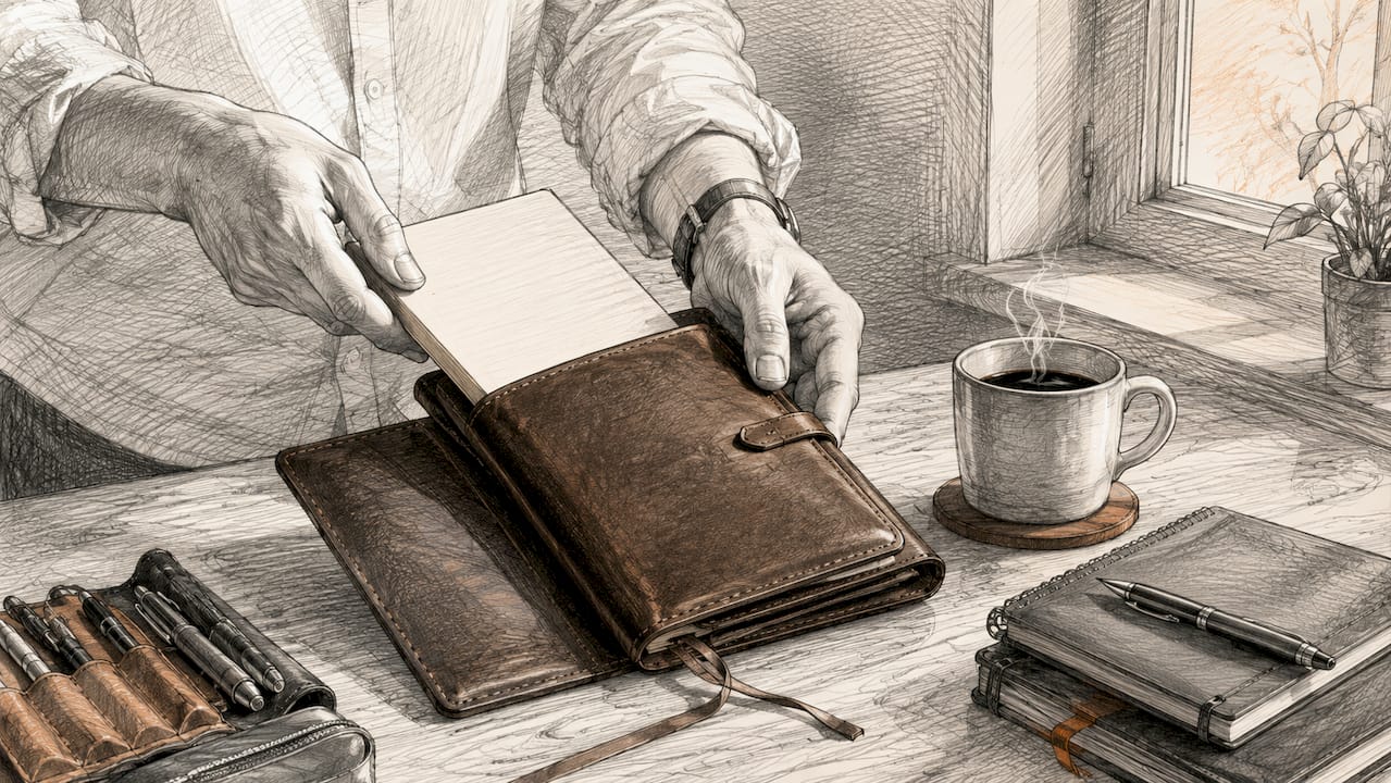 Hands inserting paper refill into leather journal at café table