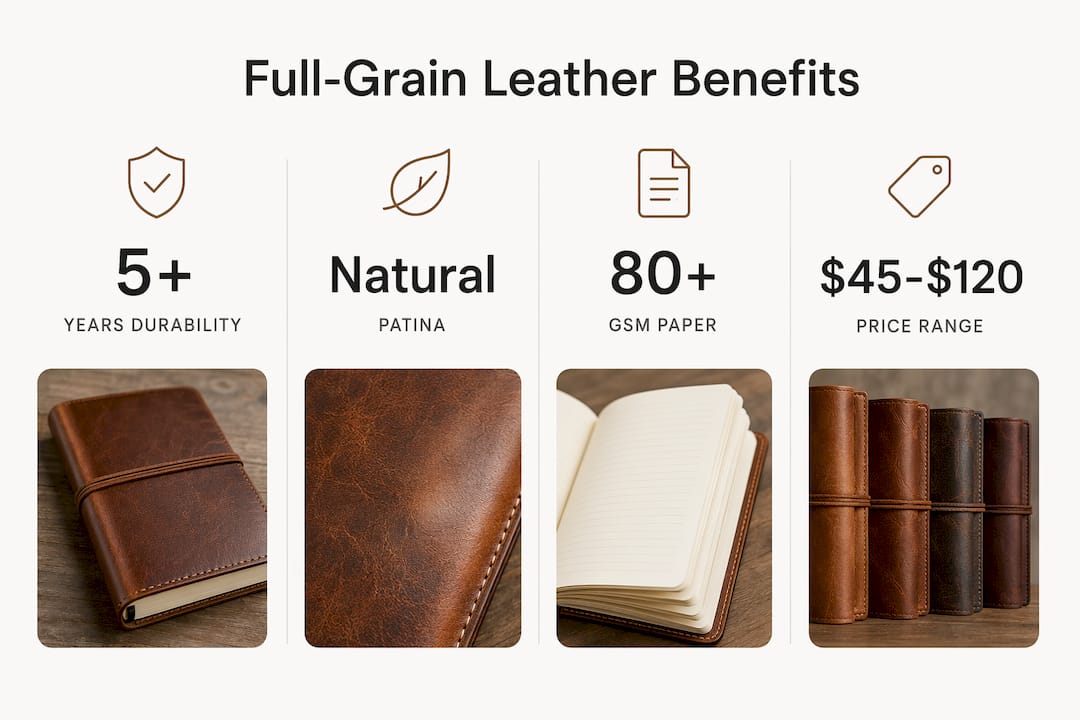Infographic highlighting key benefits and stats of full-grain leather journals