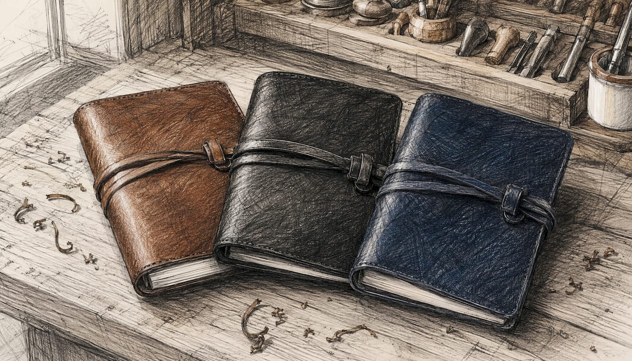 Three full-grain leather journal covers on café table