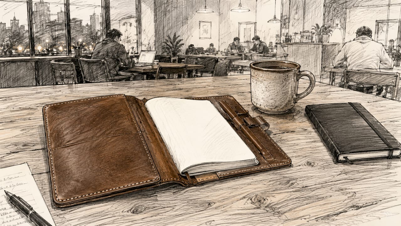 Open cognac leather journal cover on office desk