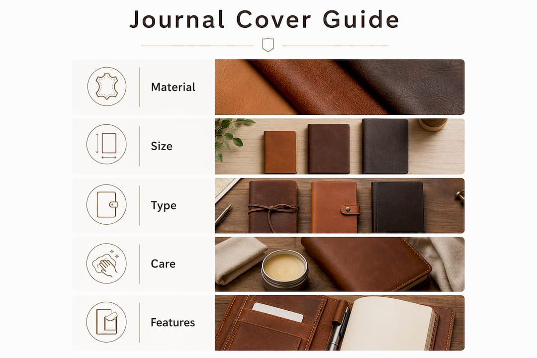 Infographic showing journal cover materials, sizes, and care