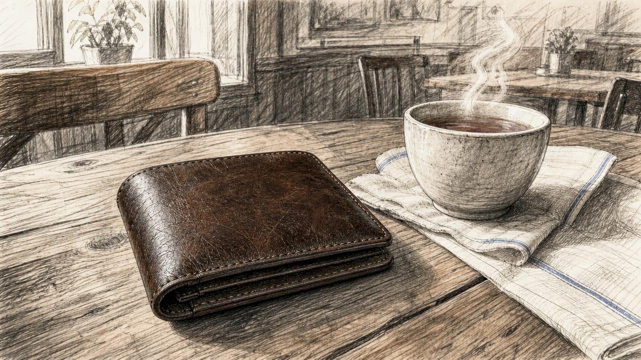 Dark brown leather wallet on cafe table