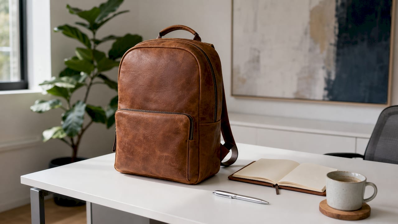 Full-grain leather backpack on office desk