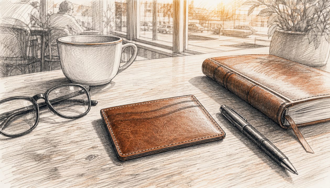 Leather cardholder on office desk with journal and pen