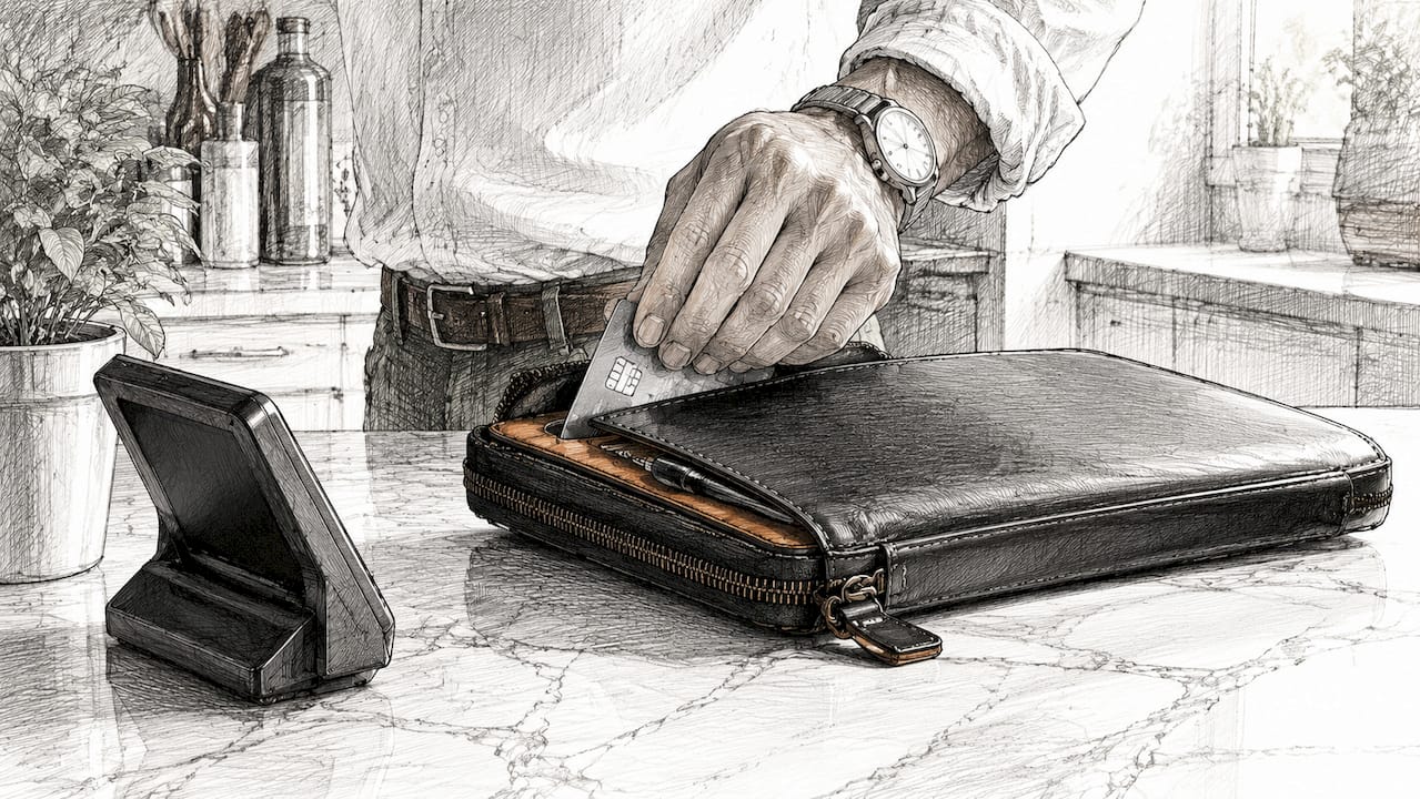 Hand testing RFID blocking wallet at café table