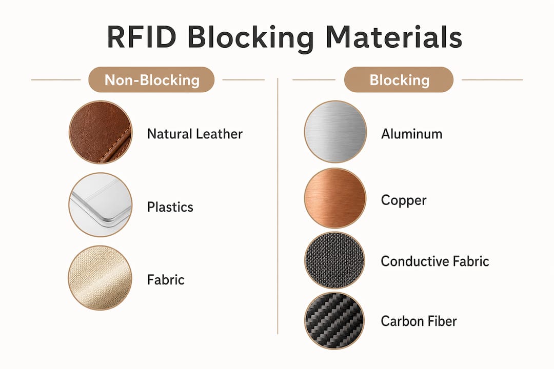 Infographic showing RFID blocking vs non-blocking materials