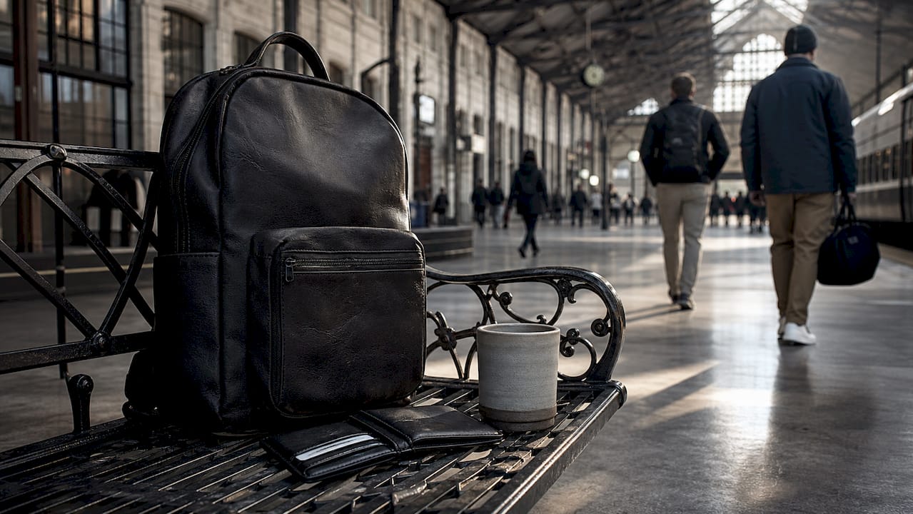 Black full-grain leather backpack on train station bench