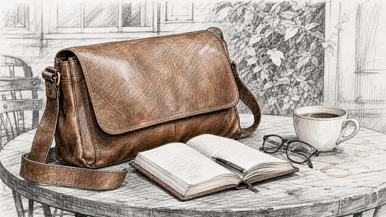 Cognac leather messenger bag on café table