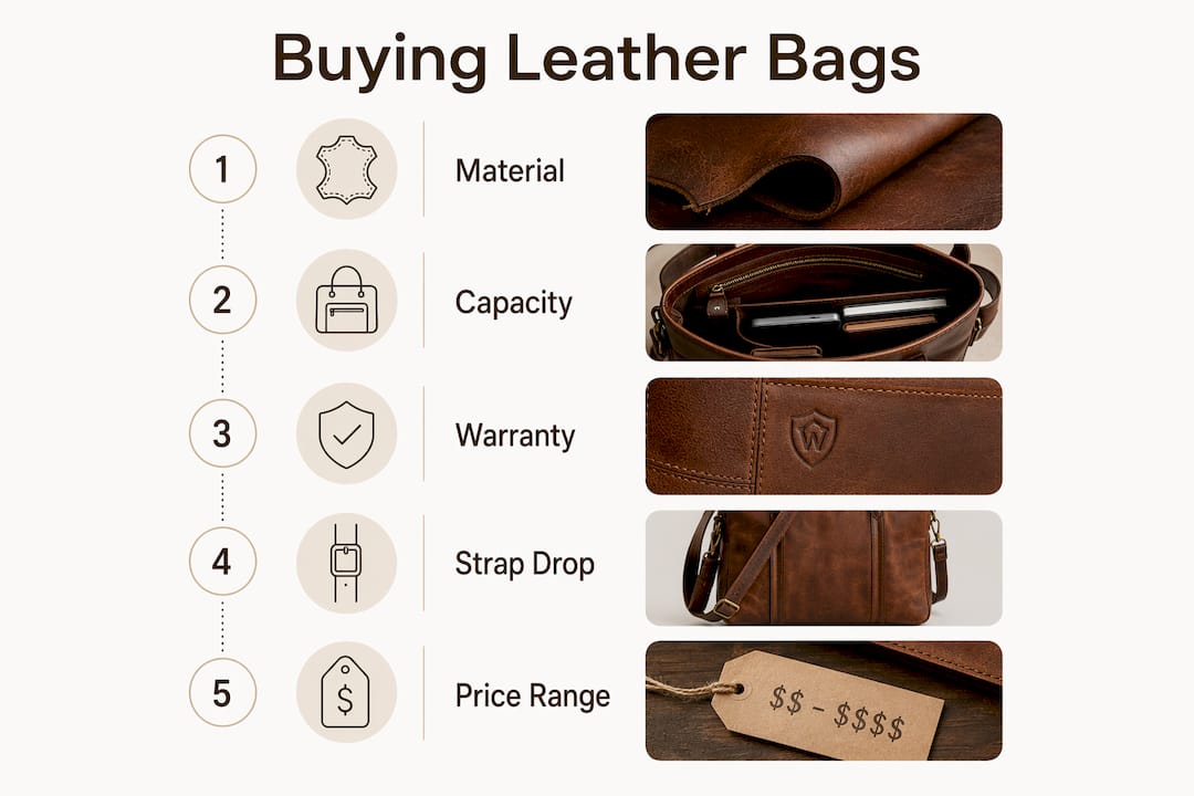 Infographic showing leather bag buying guide steps