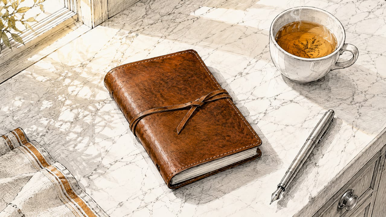 Black full-grain leather trifold journal on café table