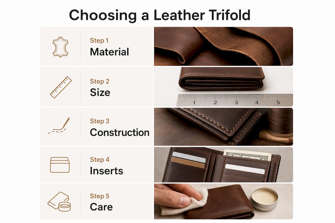 Infographic outlining steps to choose a leather trifold journal