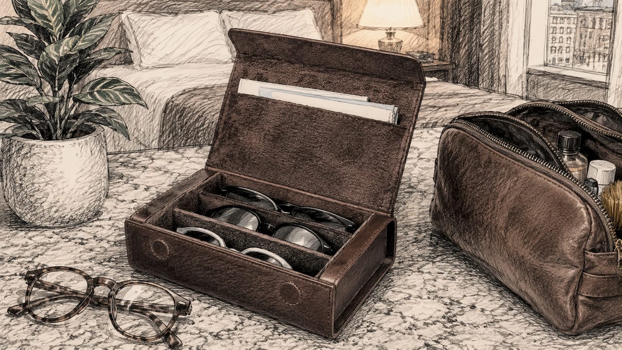 Leather multi-glasses case on hotel desk