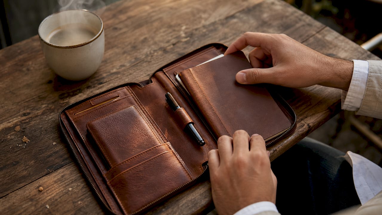 Leather travel organizer open on café table with hands