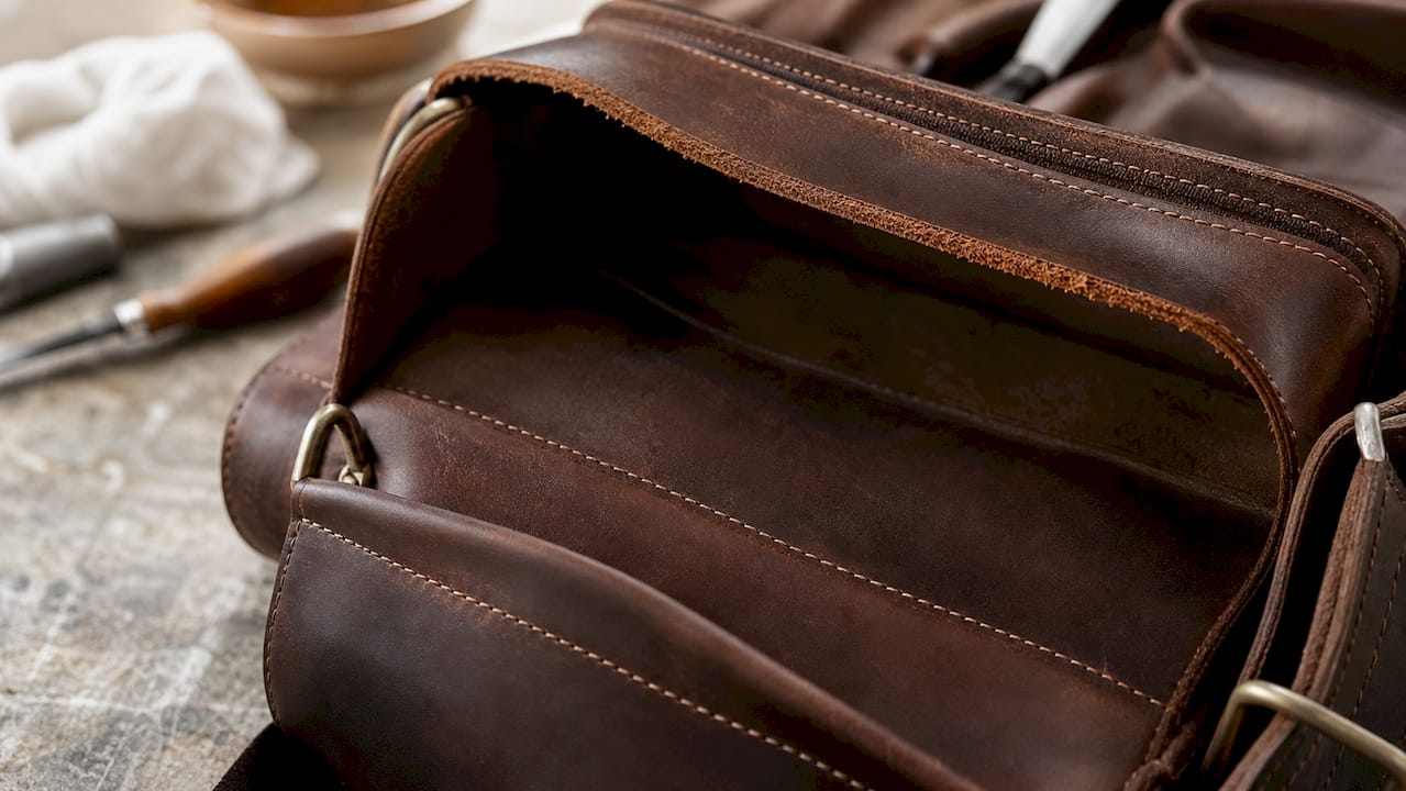 Close-up of full-grain leather bag cut edge and seam