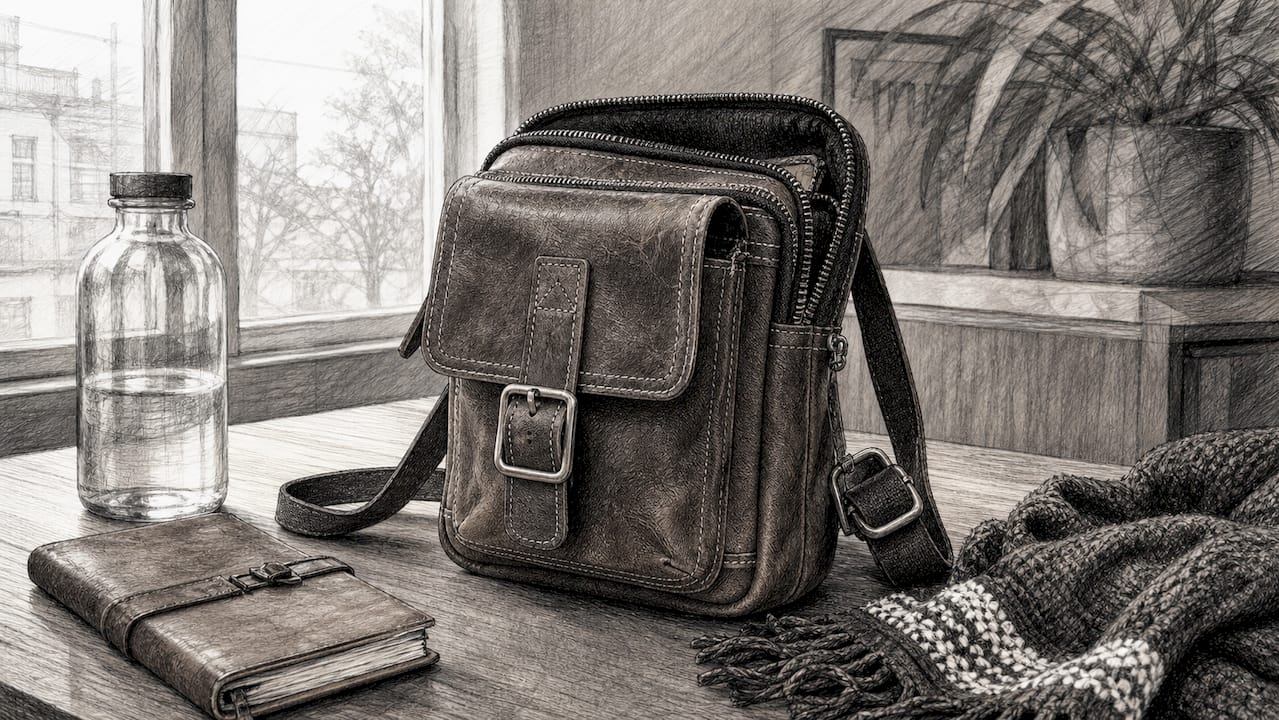 Worn full-grain leather backpack on office desk