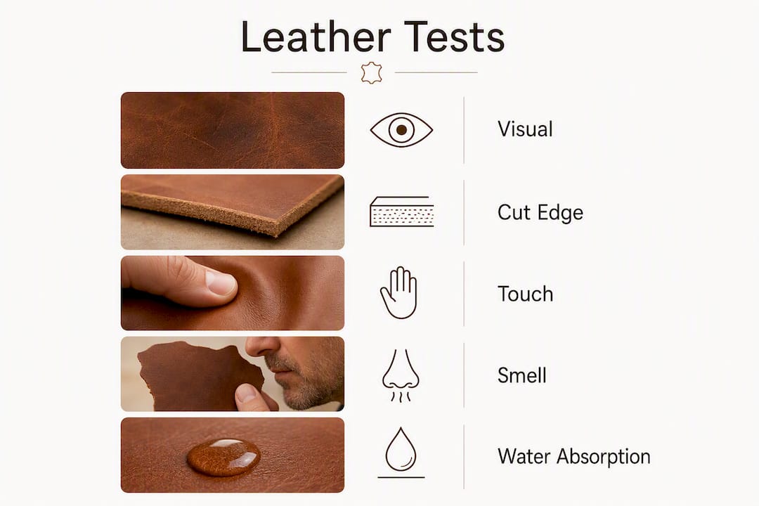 Infographic showing key tests to identify real leather