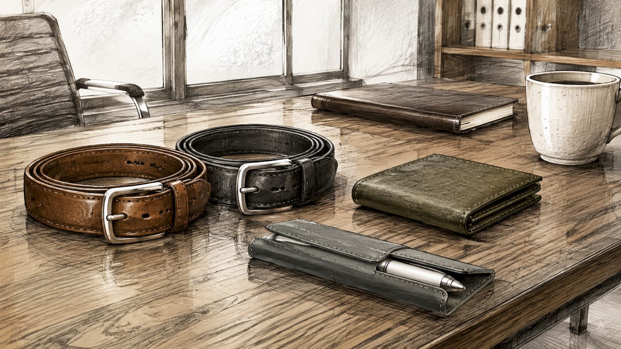 Full-grain leather belts and accessories on desk