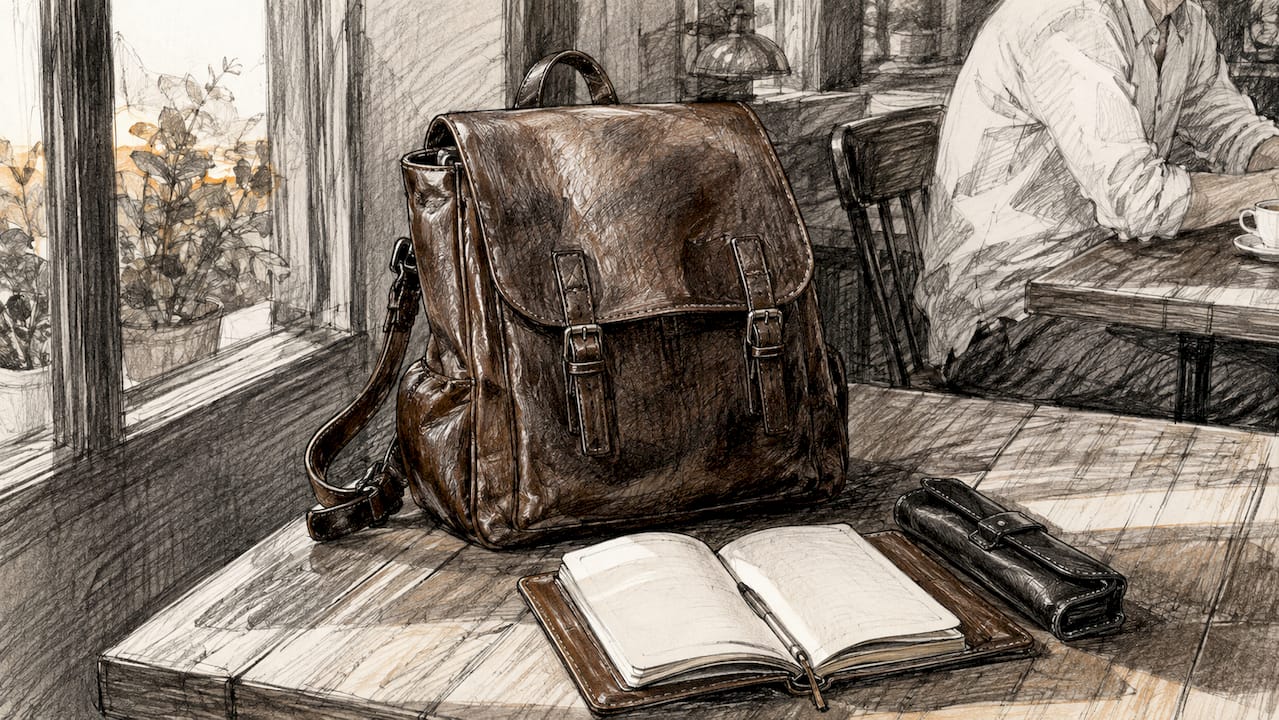 Leather backpack and journal on café table