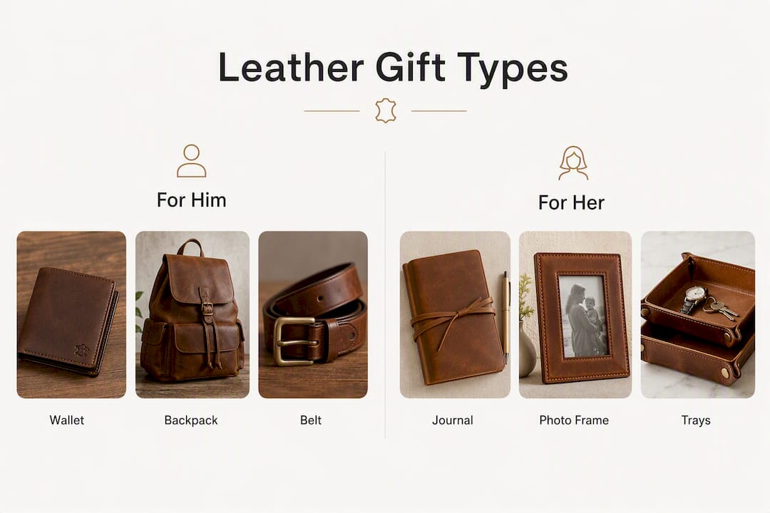 Infographic showing leather gift types for him and her
