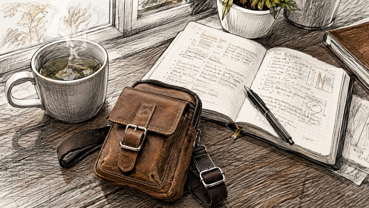 Genuine leather wallet on office desk with coffee