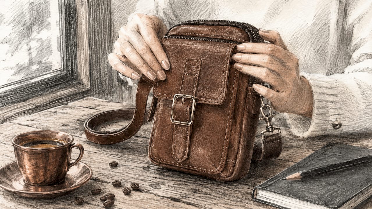 Hands pressing thumb into top-grain leather backpack