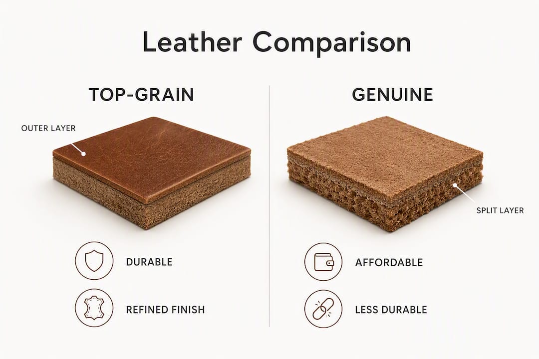 Infographic contrasting top-grain and genuine leather properties