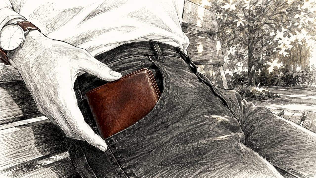 Leather wallet in jeans front pocket at café
