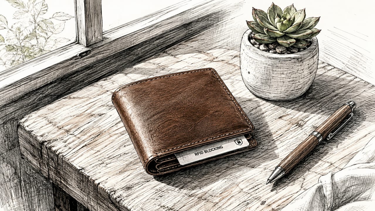Black leather wallet with RFID card on hotel desk