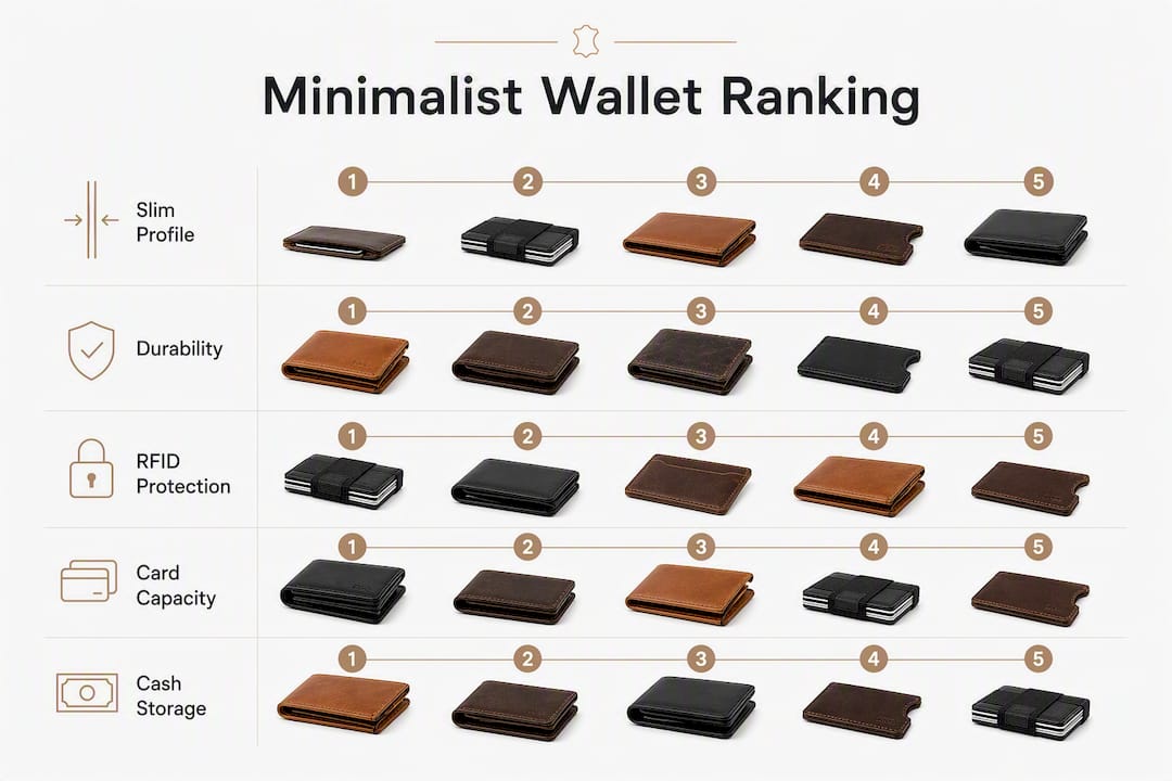 Infographic showing minimalist leather wallet ranking criteria