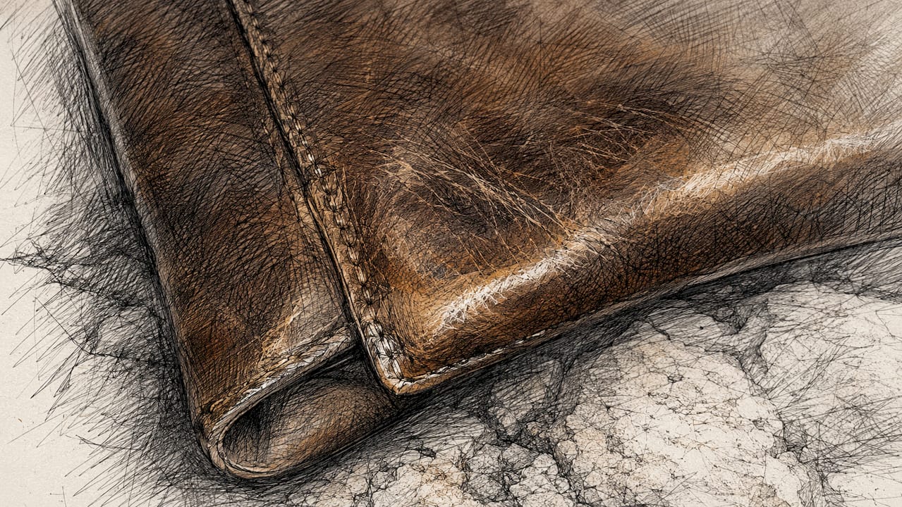 Aged leather patina detail on creases