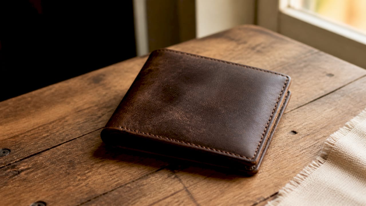 Close-up of aged full-grain leather wallet surface
