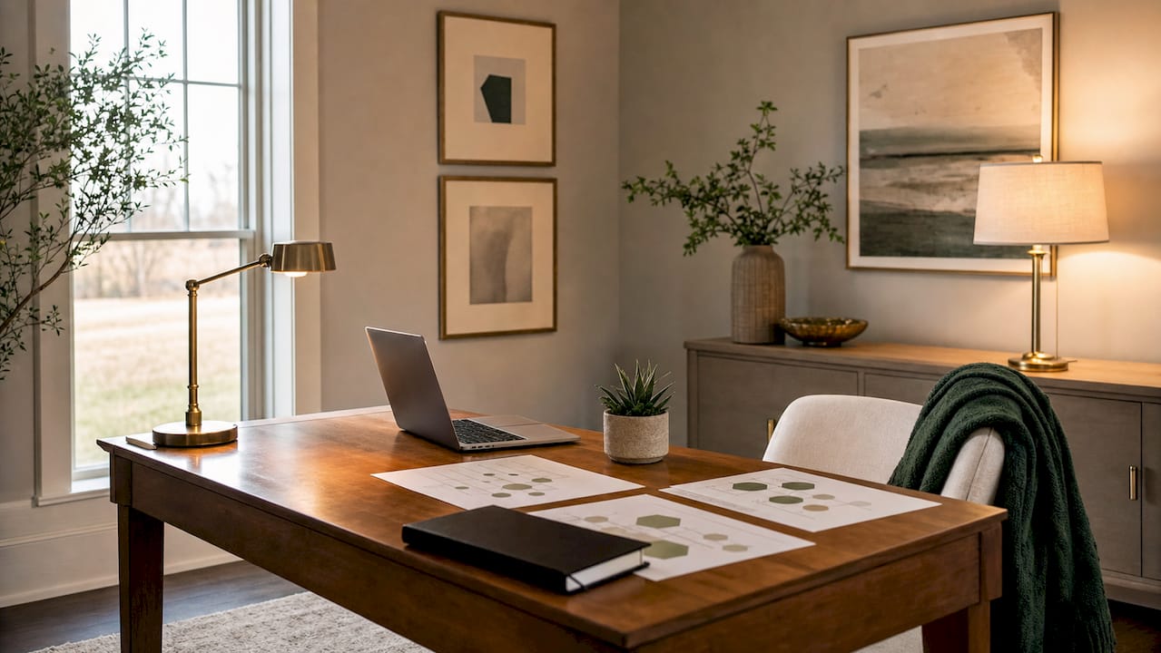 Desk with workflow documents and office tools
