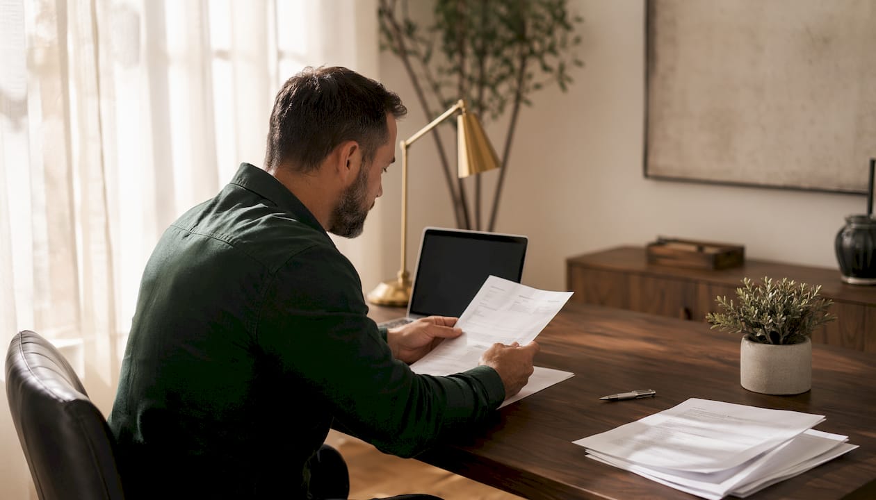 Hands organizing marketing software invoices on desk