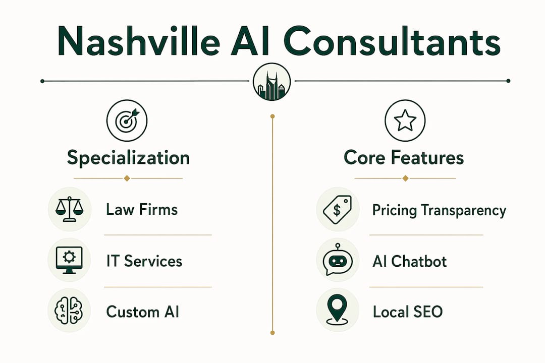 Infographic comparing AI marketing consultants by features and specialization