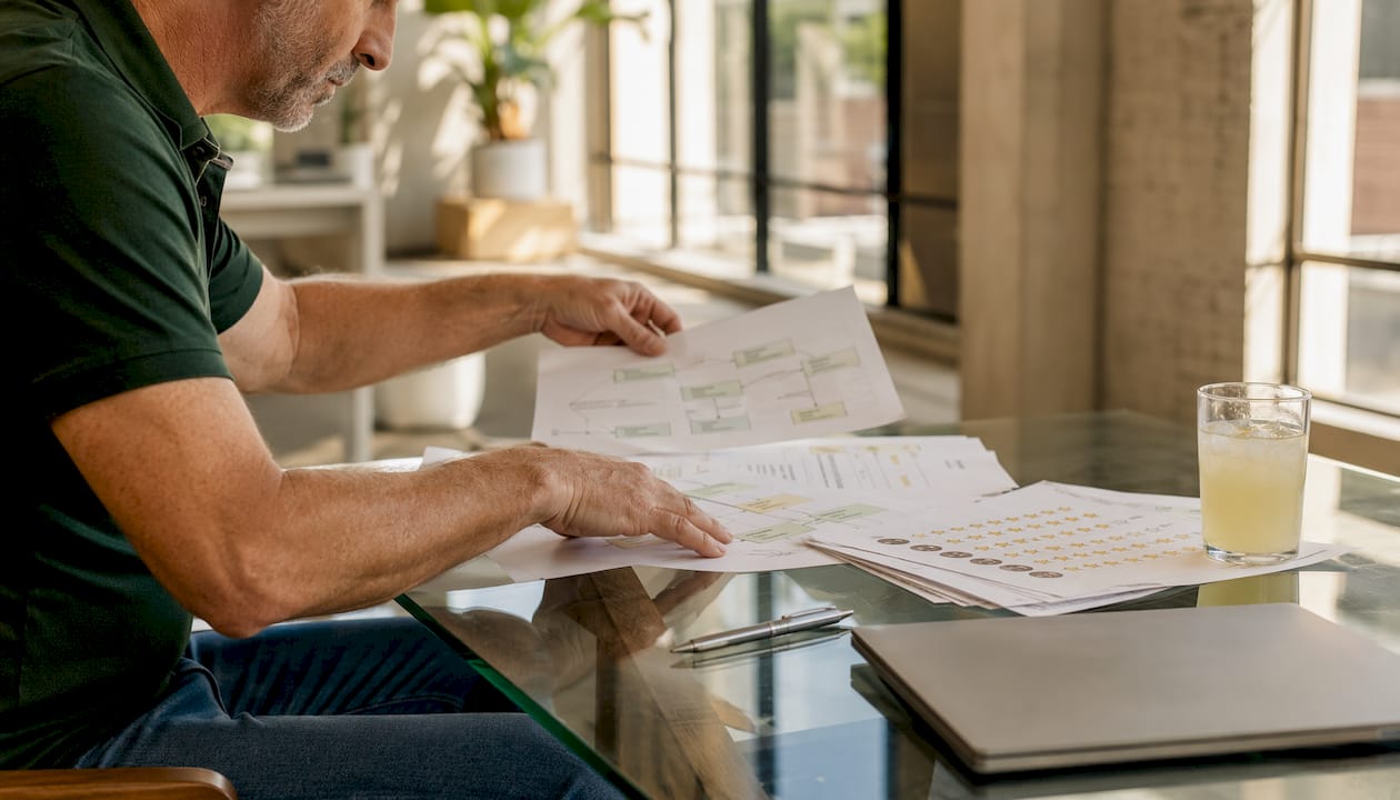 Hands sorting marketing workflow papers on table