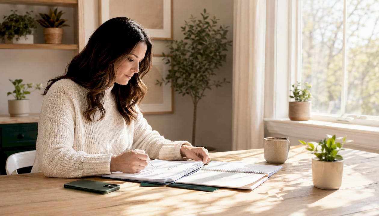 Accountant’s hands using smartphone and notebook at desk