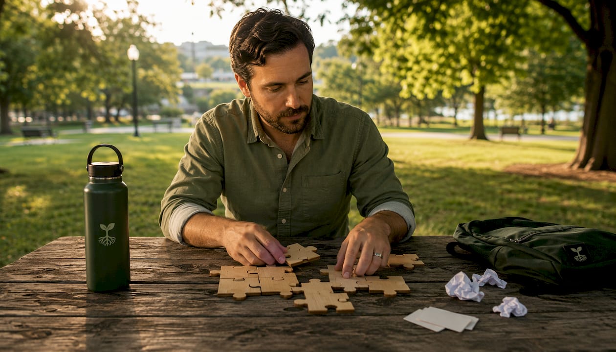 Hands assembling marketing platform components puzzle