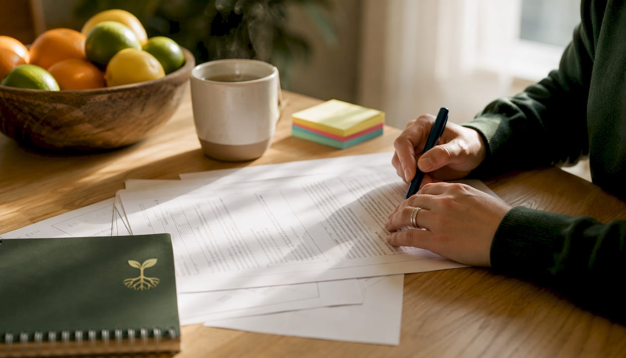 Hands editing SEO content on paper
