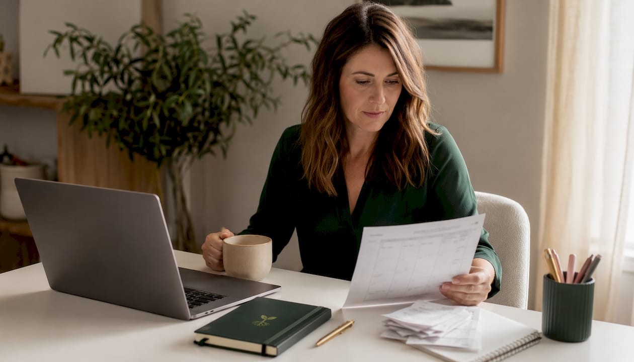 Accountant's hands reviewing monthly AI plan papers