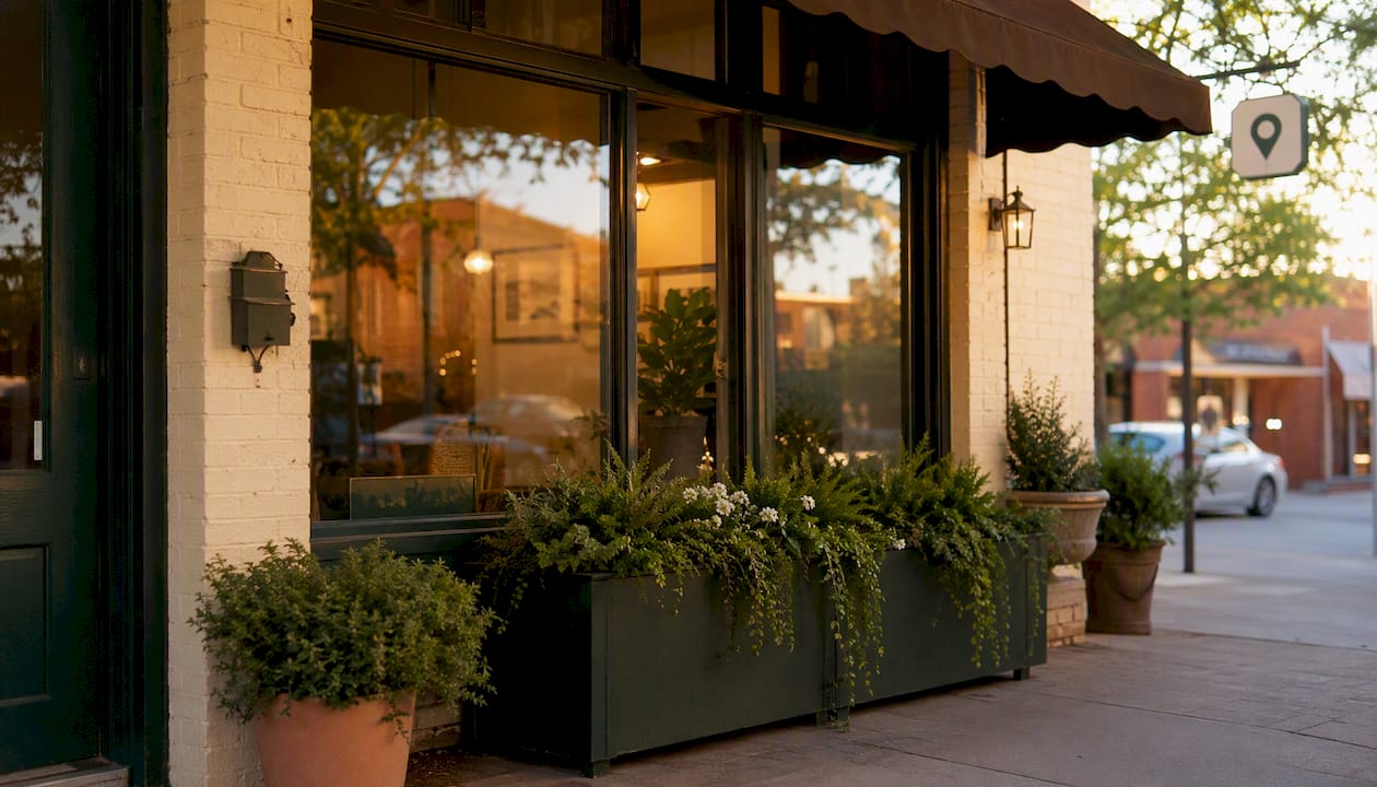 Small business storefront with local map marker concept