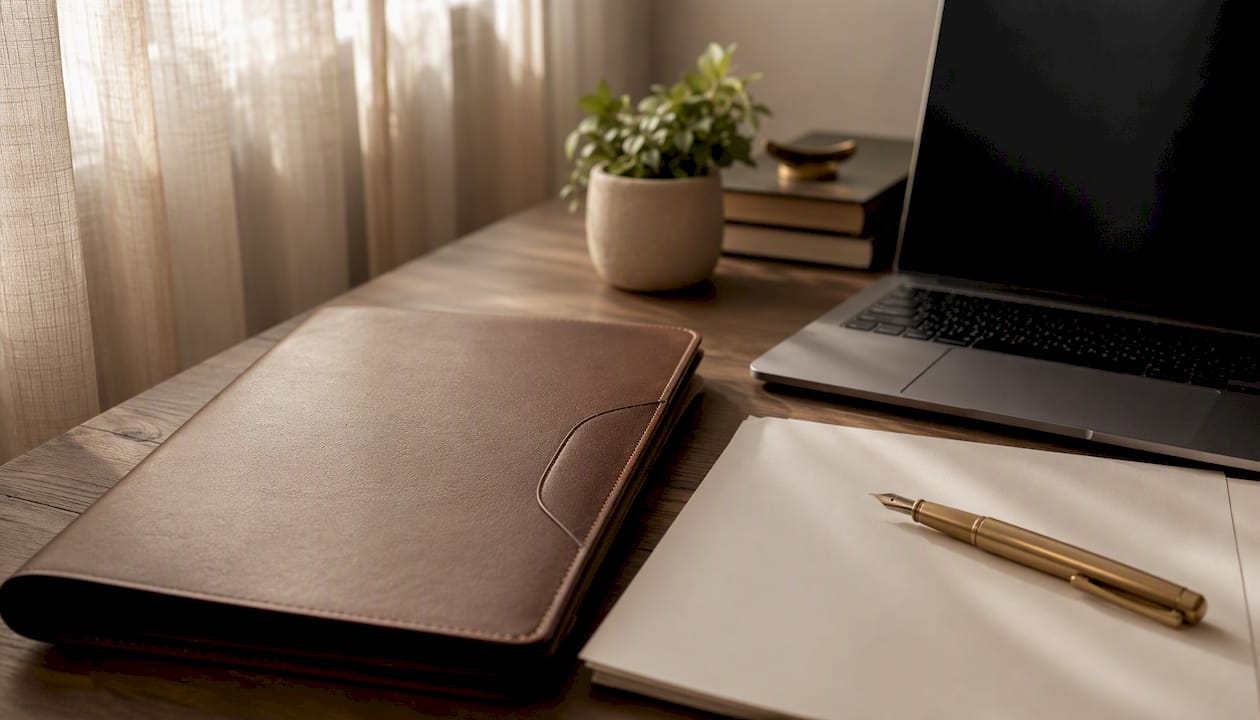 Office desk with consent record folder and closed laptop