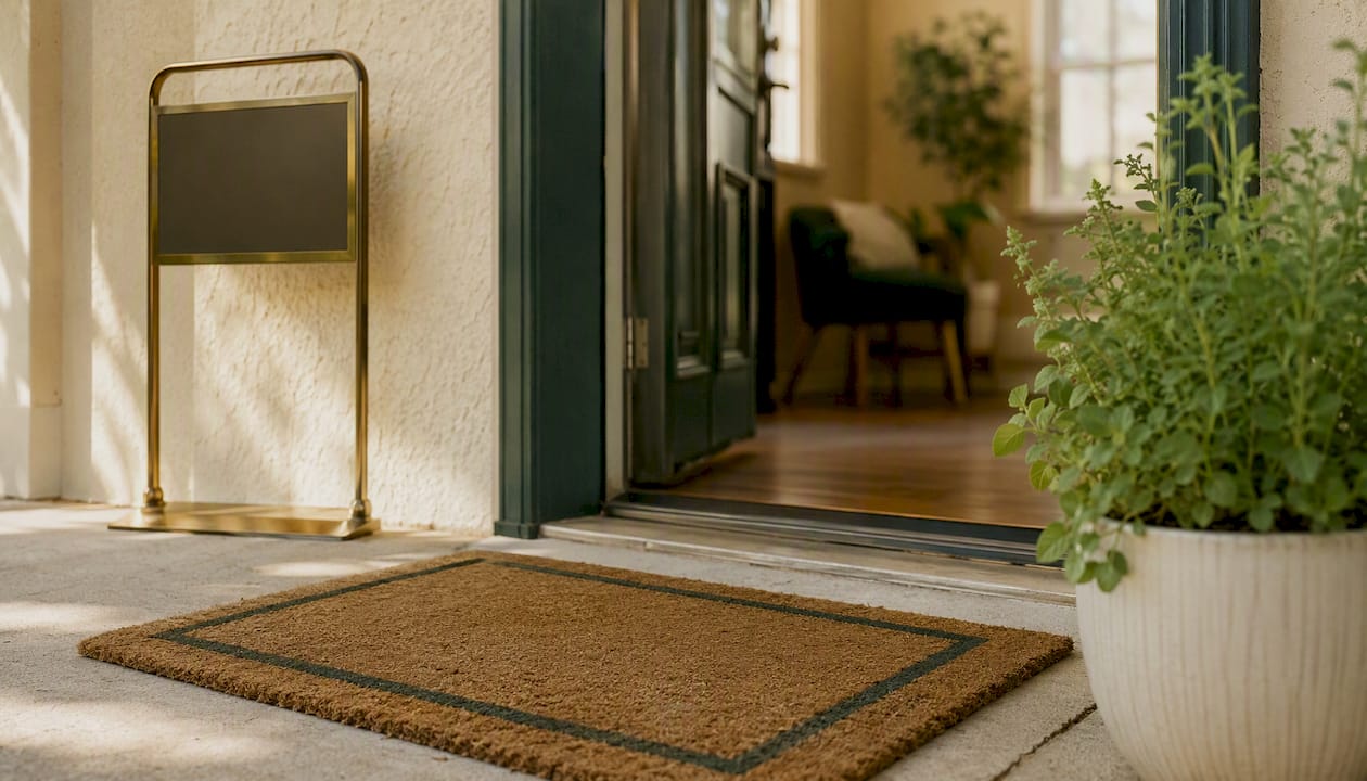 Small business storefront entry with welcoming decor