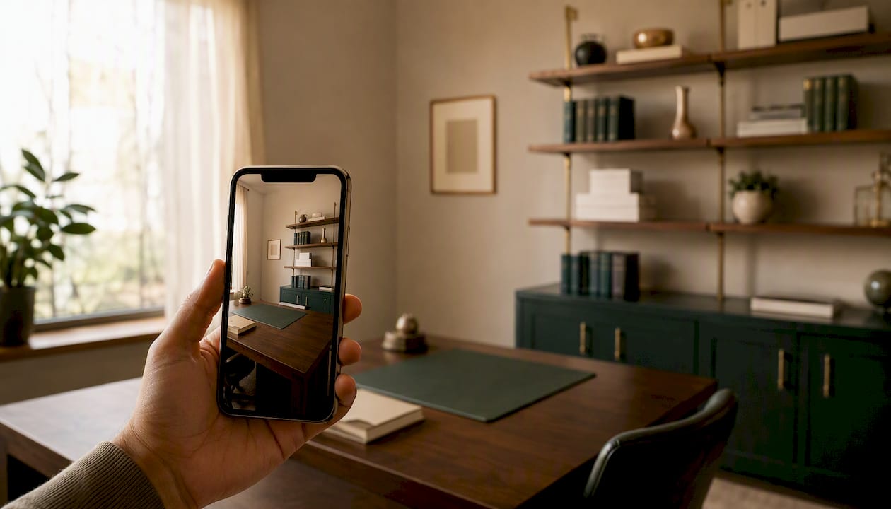 Hand holding smartphone recording office video