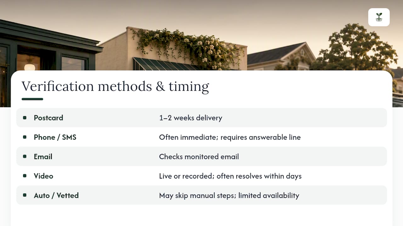 Diagram comparing Google Business verification methods and timelines